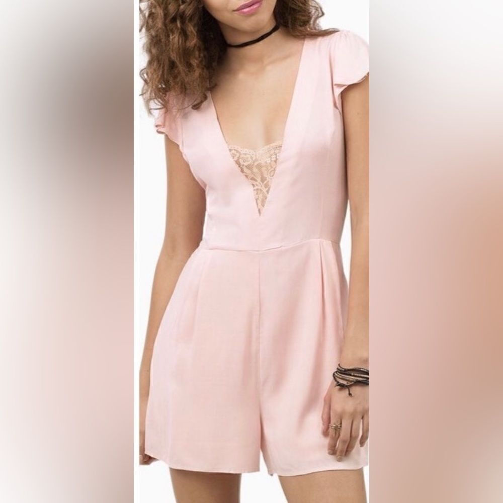 TOBI Pink Lace Deep V Flutter Sleeve Romper Medium